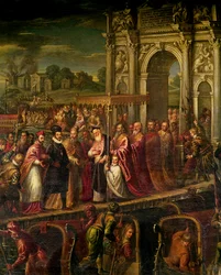 El rey Enrique III (1551-89) de Francia visita Venecia en 1574, escoltado por el dux Alvise Mocenigo (1570-77) y recibido por el patriarca Giovanni Trevisan, de la Sala de las Cuatro Puertas